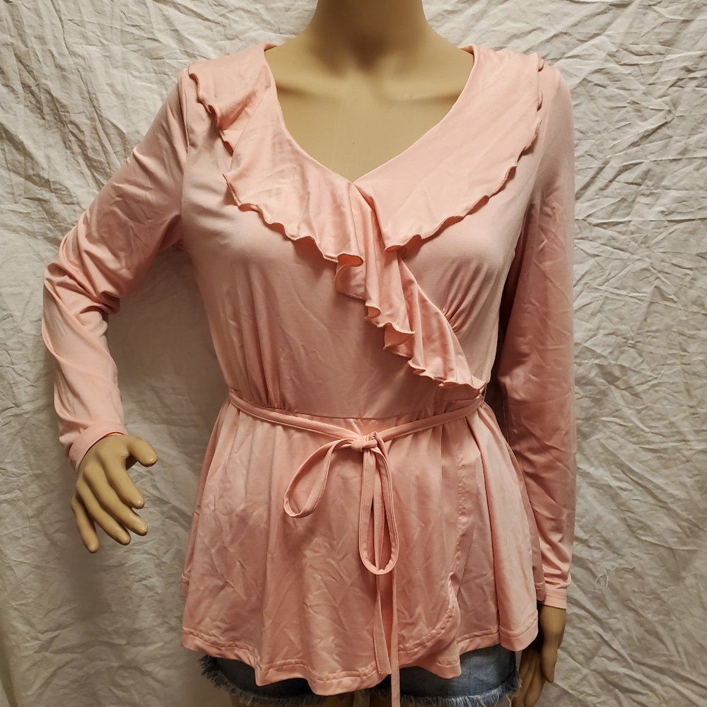 Baby Pink Wrap Style Long Sleeve Tie Blouse